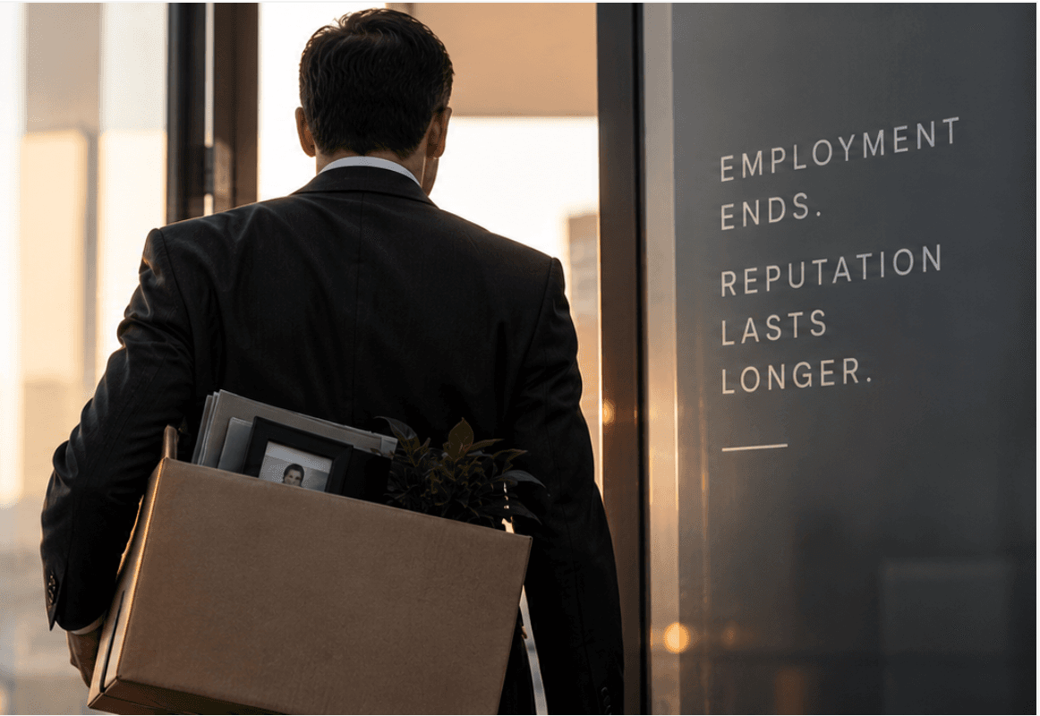 A departing employee carrying a box of belongings